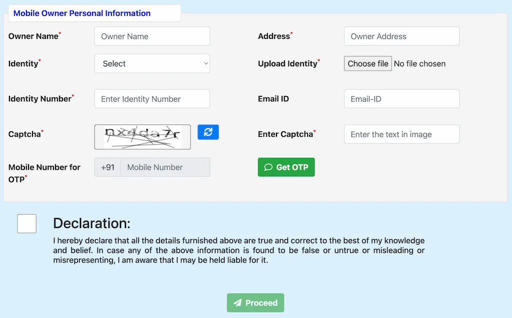 Mobile Owner Personal Information Section